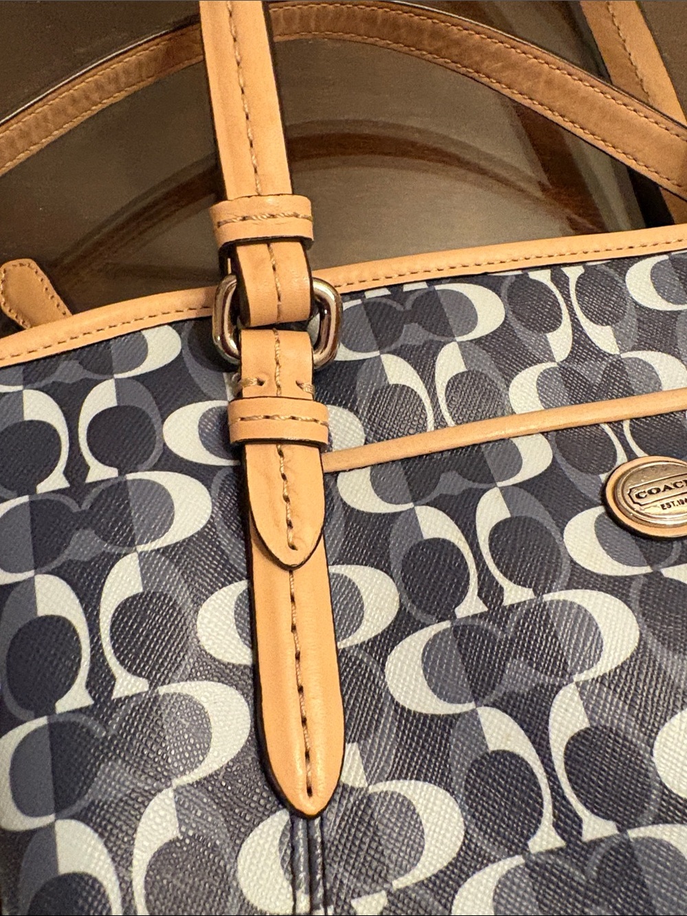 Coach Navy and Black Signature Small Tote with Tan Leather Trim - Picture 13 of 16